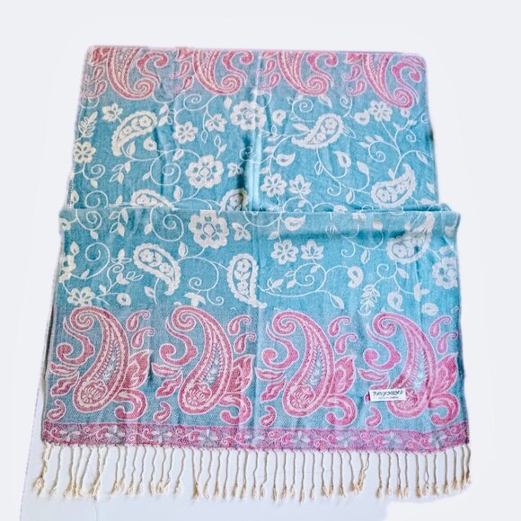 Pashmina Scarf Wrap Blue Pink Fringe 72"x 27" EC - Picture 8 of 8
